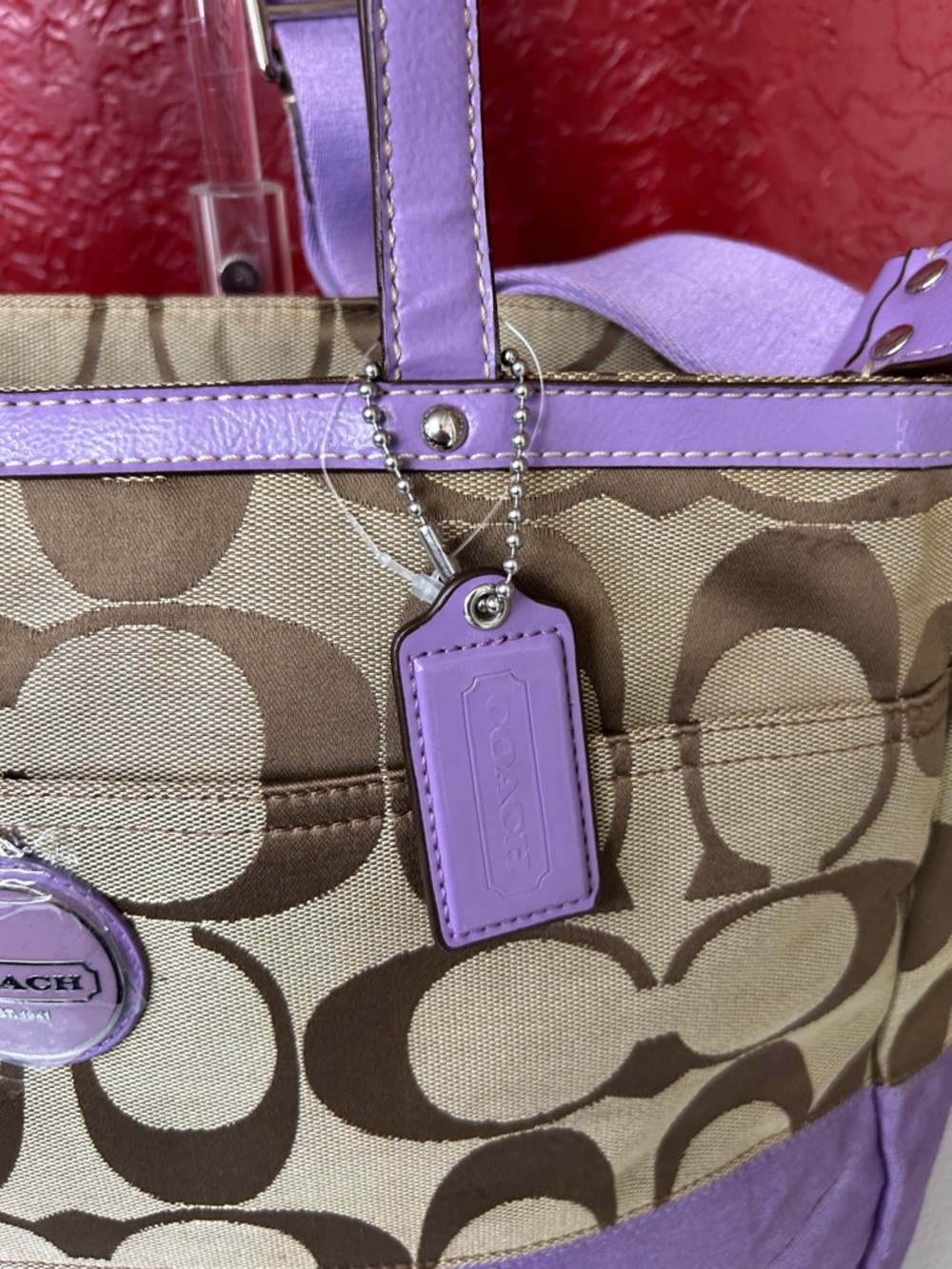 Coach Khaki Signature Tote diaper bag  with Lavender Trim - Picture 4 of 16